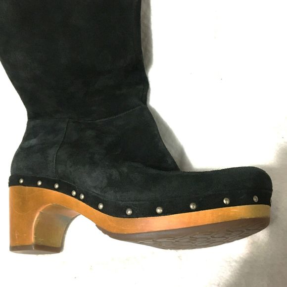 UGG Women's Black Suede Leather Tall Wood Clog Heel Boots-Size 8 - Picture 4 of 8